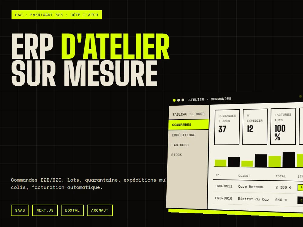 Capture d'écran du site ERP d'atelier sur mesure